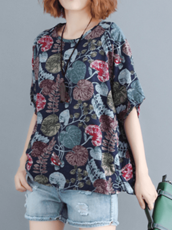 Women Plant Leaf Print round Neck Casual Relaxed Half Sleeve Blouses