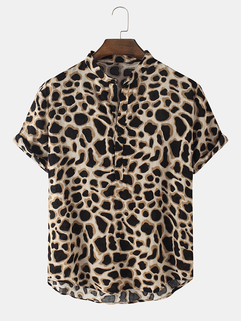 Mens Leopard Print Henley Collar Short Sleeve Shirts