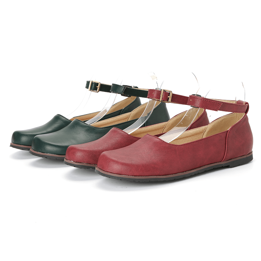 Women Solid Color Casual Ankle Buckle Strap Flat Loafers