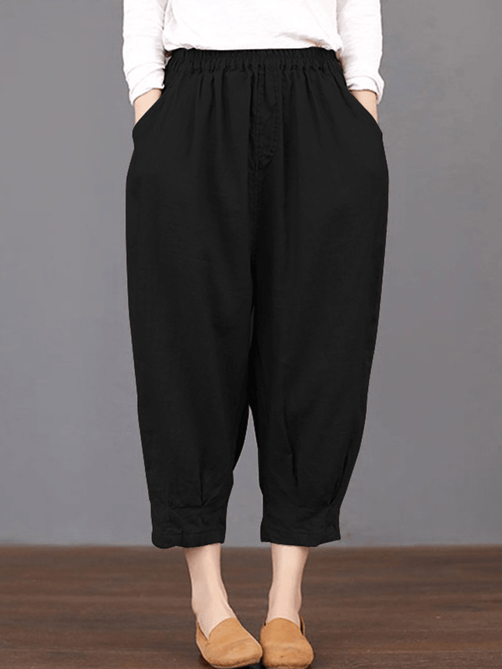 Women Solid Color Elastic Waist Loose Cotton Pants