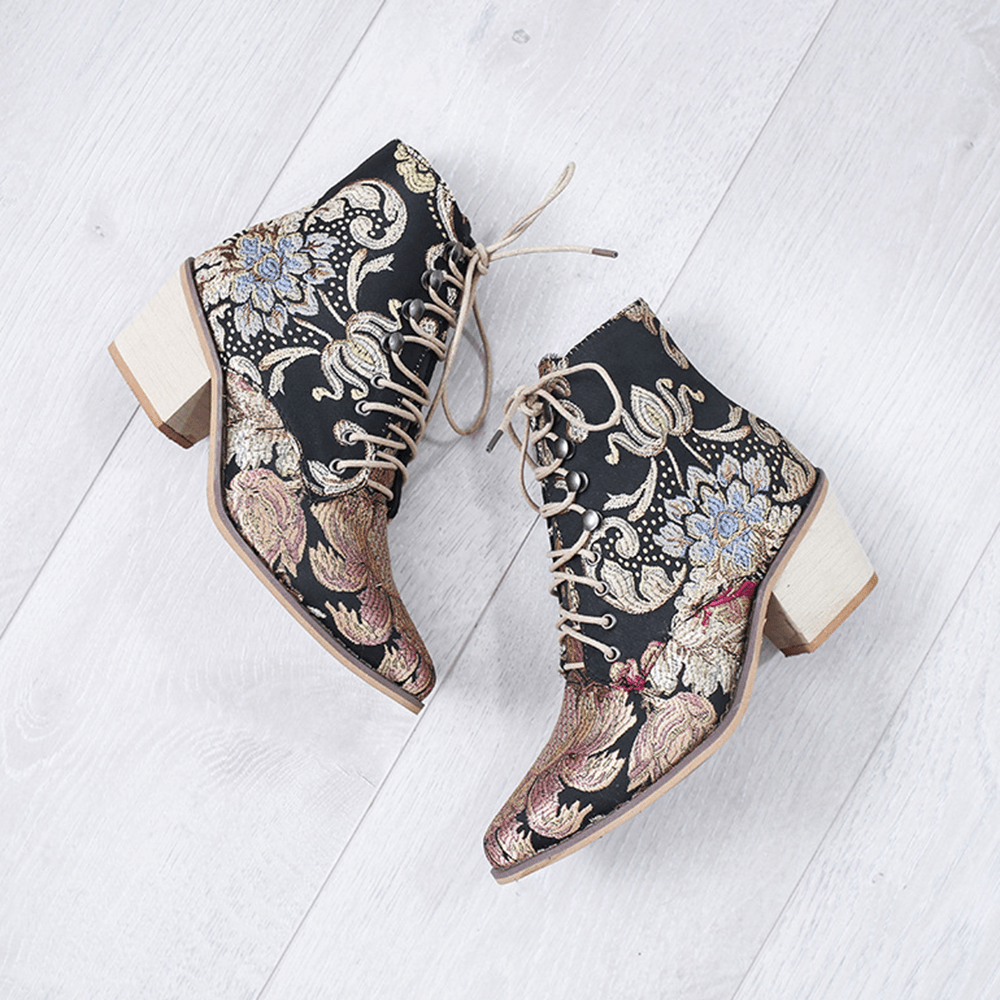 Women Pointed Toe Embroideried Lace up Block Boots