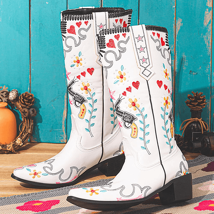 Women Floral Sweet Embroidery Leather Pointy-Toe Chunky Heel Mid-Calf Knight Boots