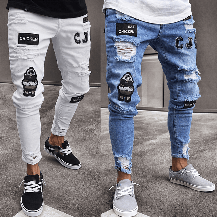 White High-End Denim Men'S Trousers Cross-Border Foreign Trade Hole Trend Black Slim Jeans Men