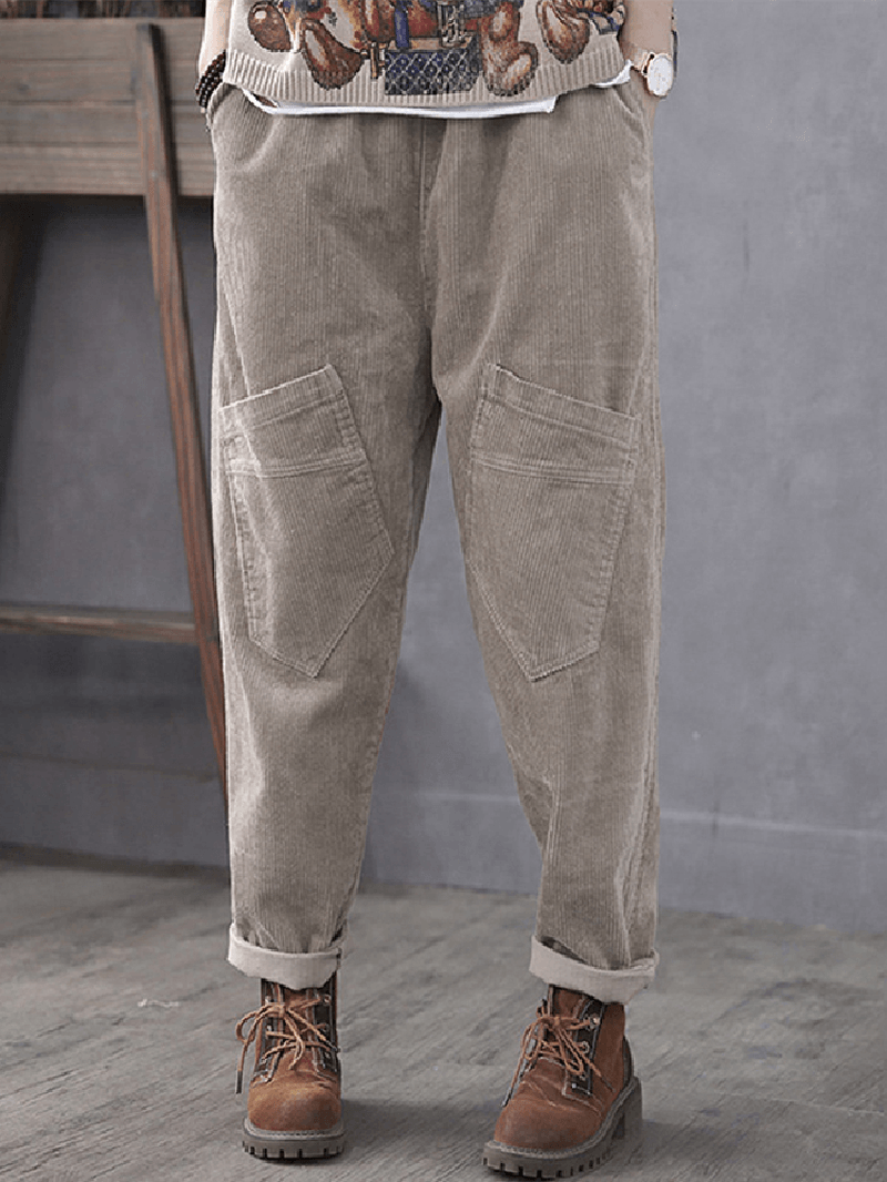 Women Corduroy Cargo Style Elastic Waist Pants with Multi Pocket