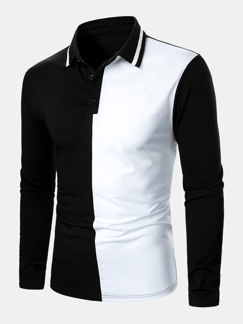 Mens Contrast Color Two Tone Patchwork Lapel Long Sleeve Golf Shirts