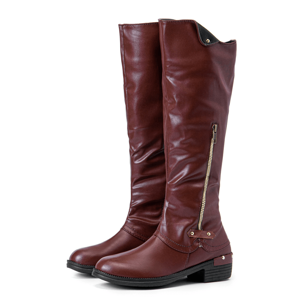 Plus Size Women round Toe Side Zipper Low Heel Knee Boots