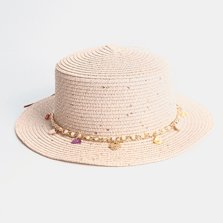 Women Sunscreen Summer Outdoor Casual Pearl Decoration Sun Hat Straw Hat - MRSLM