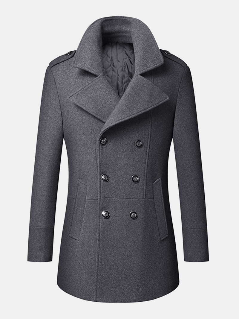 Mens British Style Double Breasted Woolen Lapel Regular Fit Thick Coat