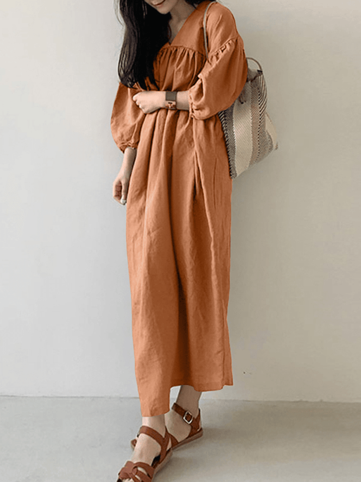 Women Cotton Solid Pleated Loose Puff Sleeve Maxi Dresses with Side Pockets