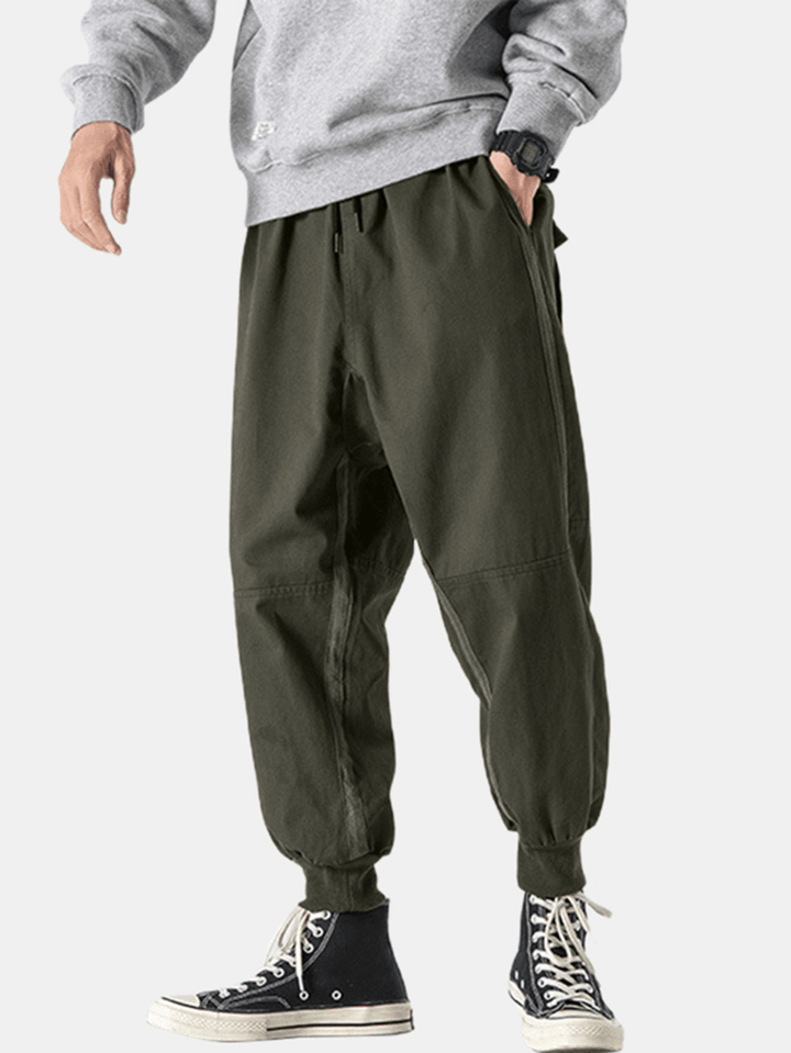 Mens Letter Print Side Ribbon Cotton Drawstring Cargo Pants with Pocket