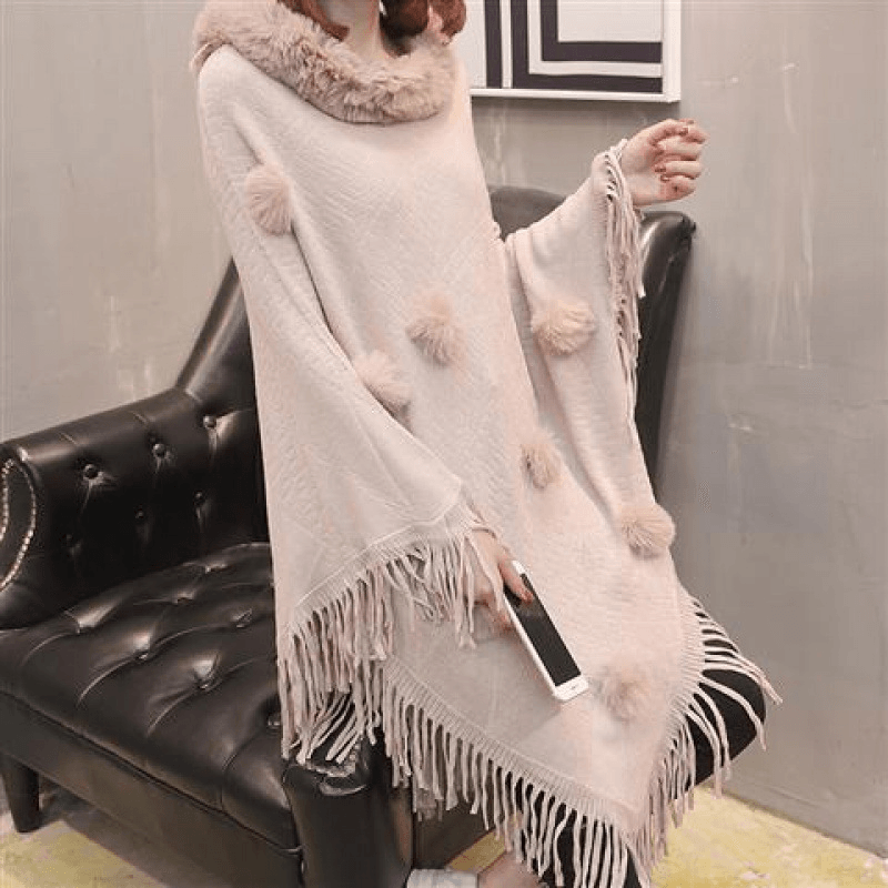 Loose Outer Wear Fur Collar Bat Shirt with Hand-Woven Tassels