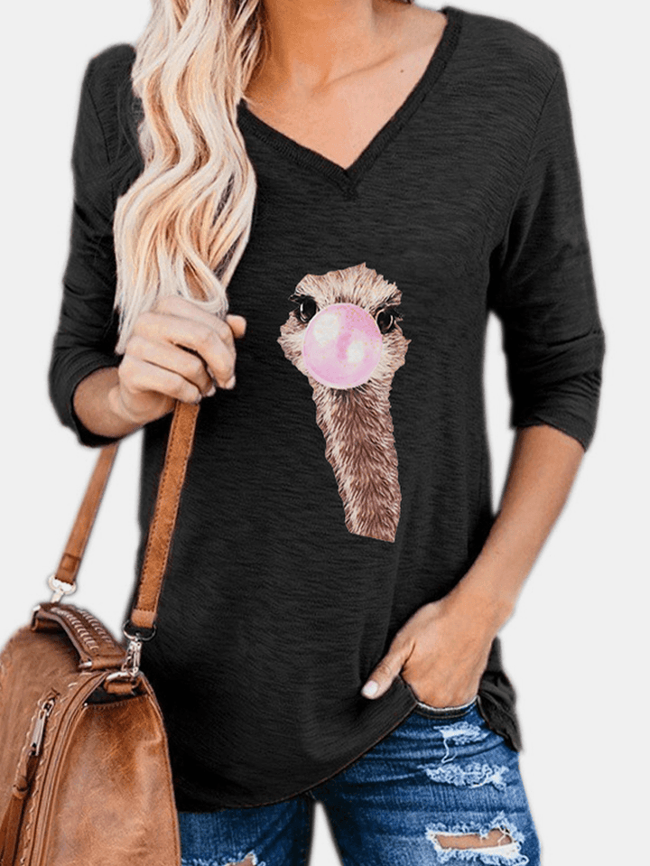 Women Cute Ostrich Animal Print V-Neck Long Sleeve Casual Blouses