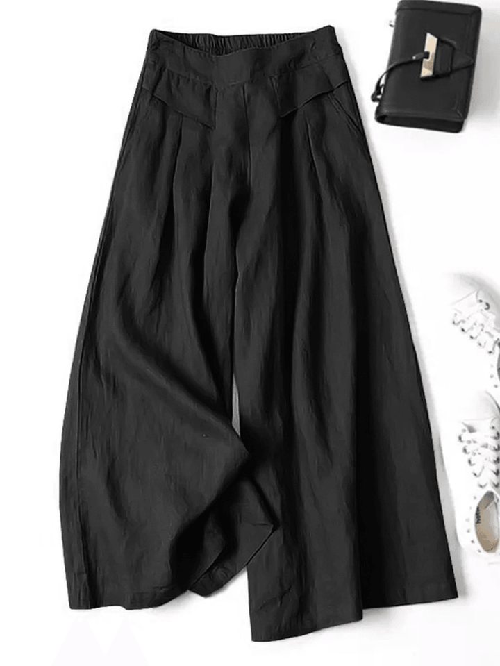 Women 100% Cotton Wide Leg Side Pockets Solid Color Ankle Length Elastic Waist Pants - MRSLM