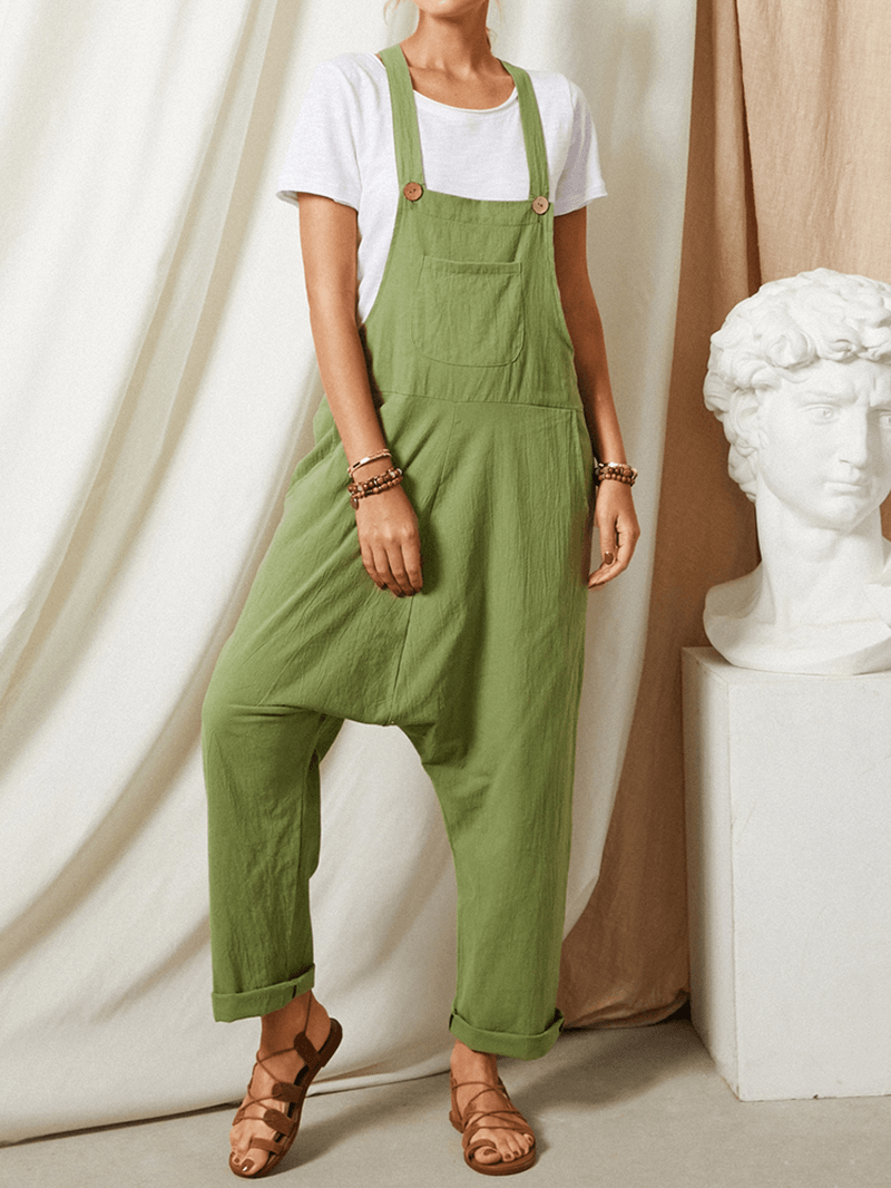 Solid Color Strap Button Pocket Sleeveless Loose Casual Harem Jumpsuit