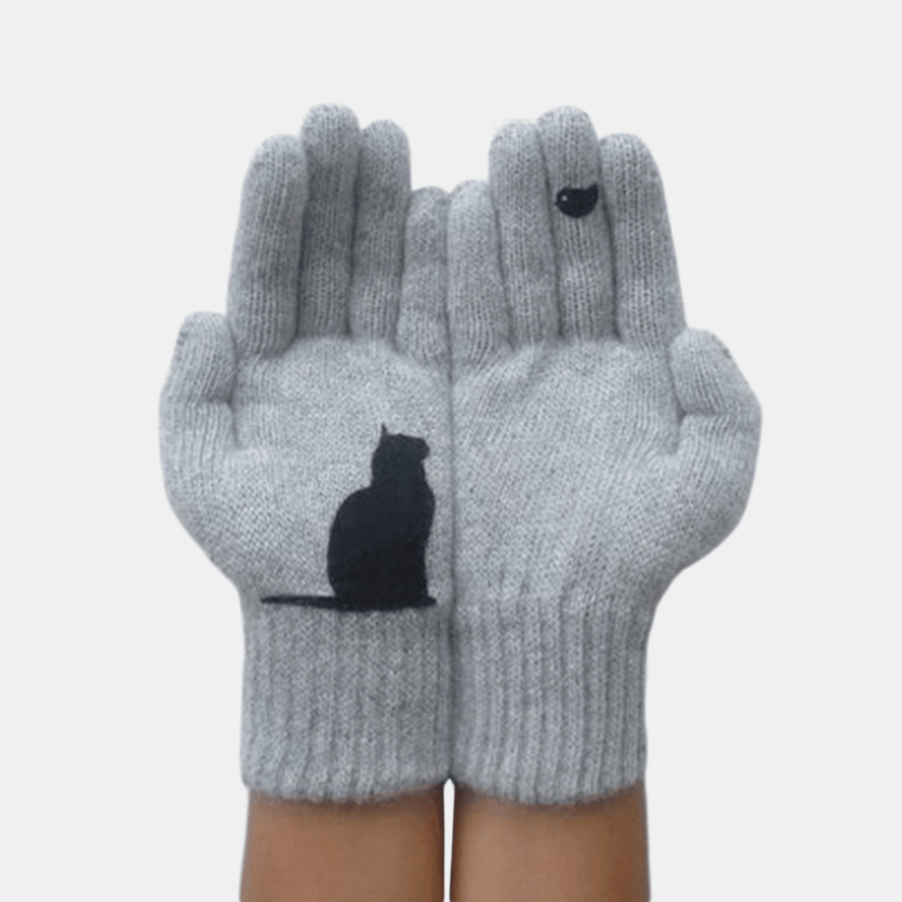 Women'S Wool Gloves Autumn Winter Outdoor Warm Cold Padded Cat Bird Print Glove - MRSLM