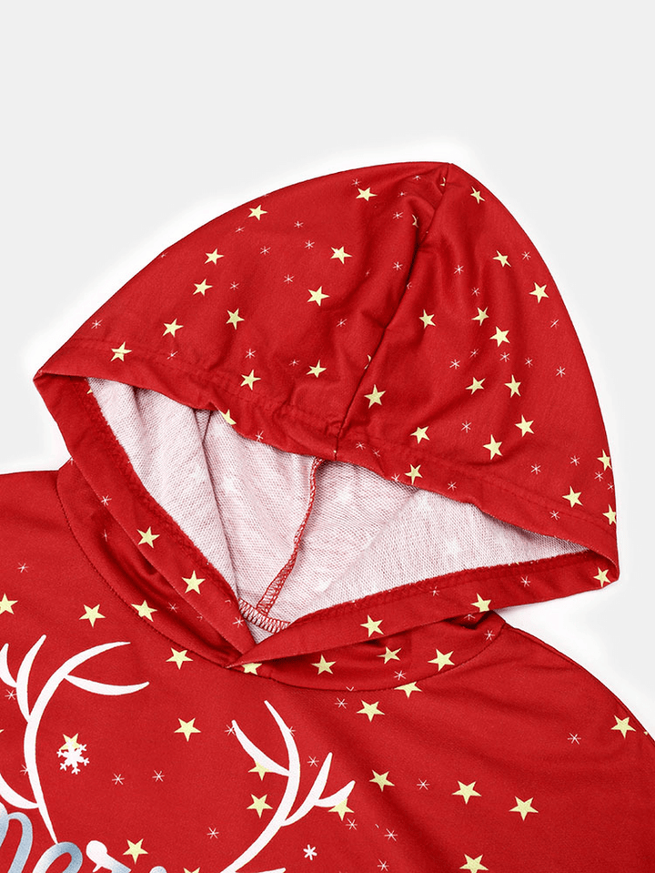 Women Christmas Cartoon Pattern Pocket Print Star Spot Long Sleeve Hooded Sweatshirt