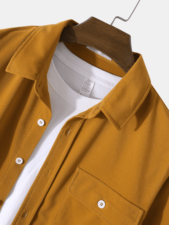 Mens Yellow Button down Long-Sleeve Corduroy Shirt