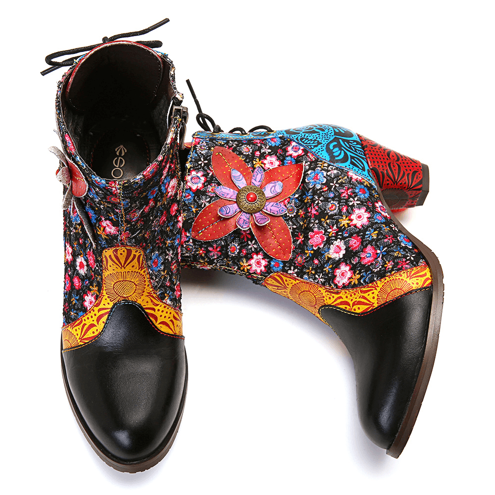 Women Retro Leaf Flower Leather Comfy Zipper Ankle Boots