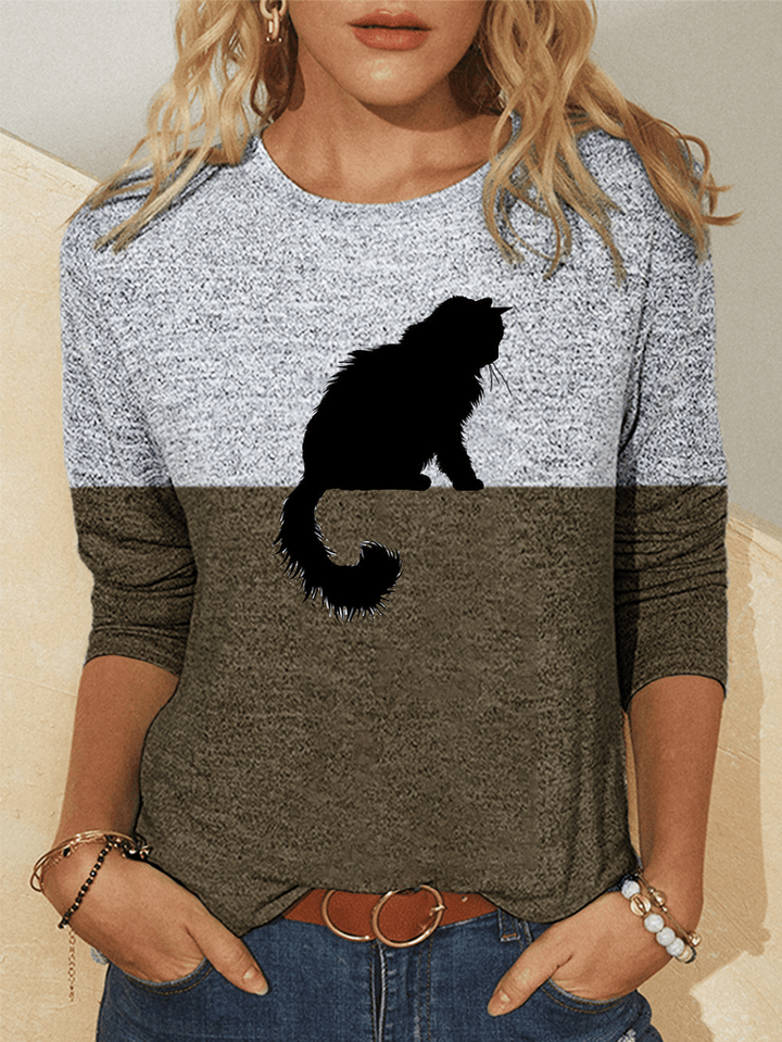 Women Cute Cat Print Colorblock Long Sleeve Casual Blouses