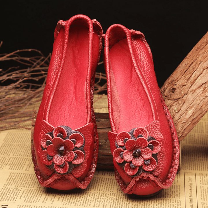 Women Shoes Casual Comfortable Floral Leather Flats - MRSLM