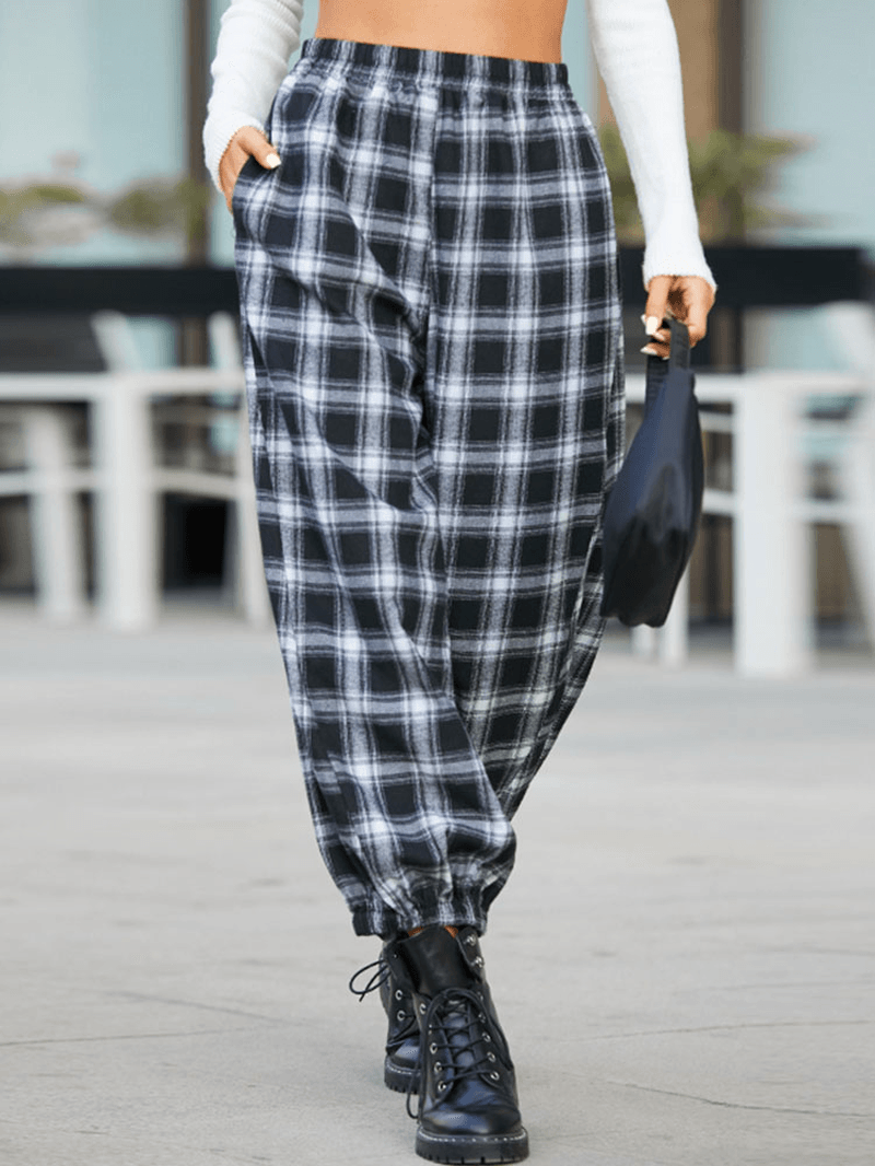 Women Plaid Print Elastic Waist Loose Stylish Beam Feet Pants Harem Pants with Pockets