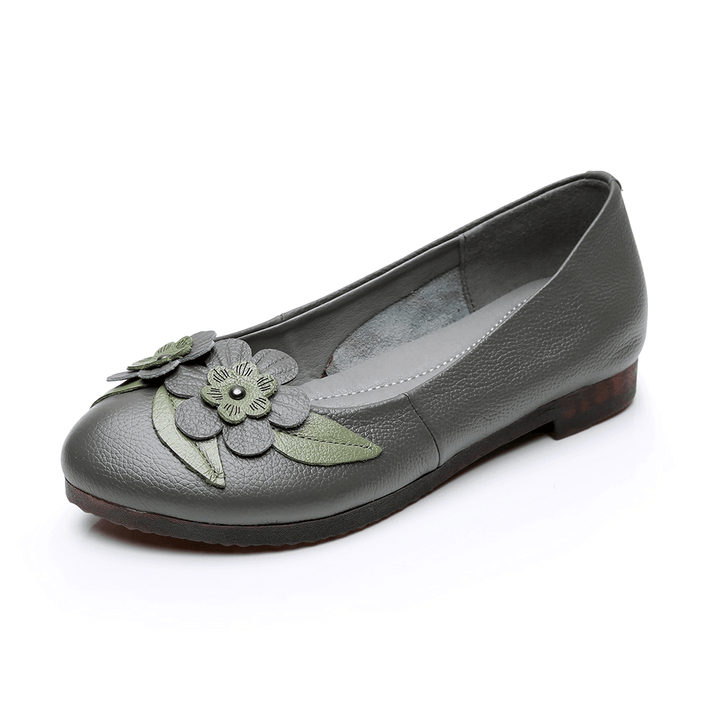 Women Flowers Decor Comfy Sole Soft Leather Loafers - MRSLM