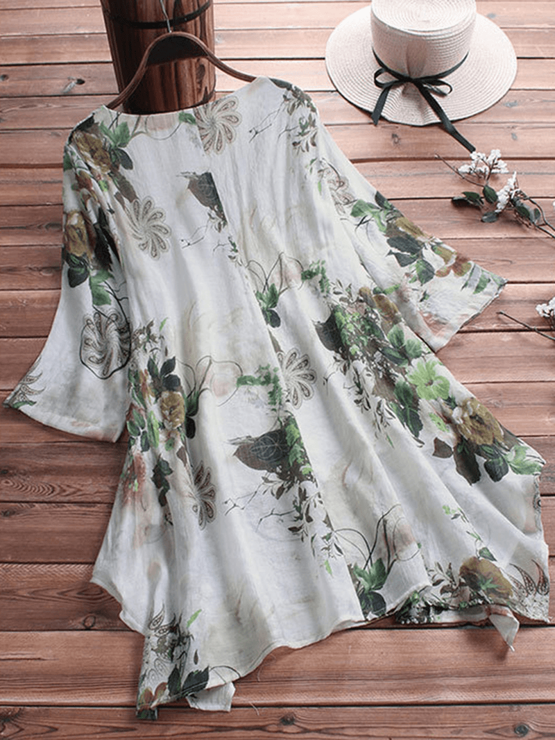 Women's Floral Printed Asymmetric Hem Blouse - Loose Fit, Retro Style