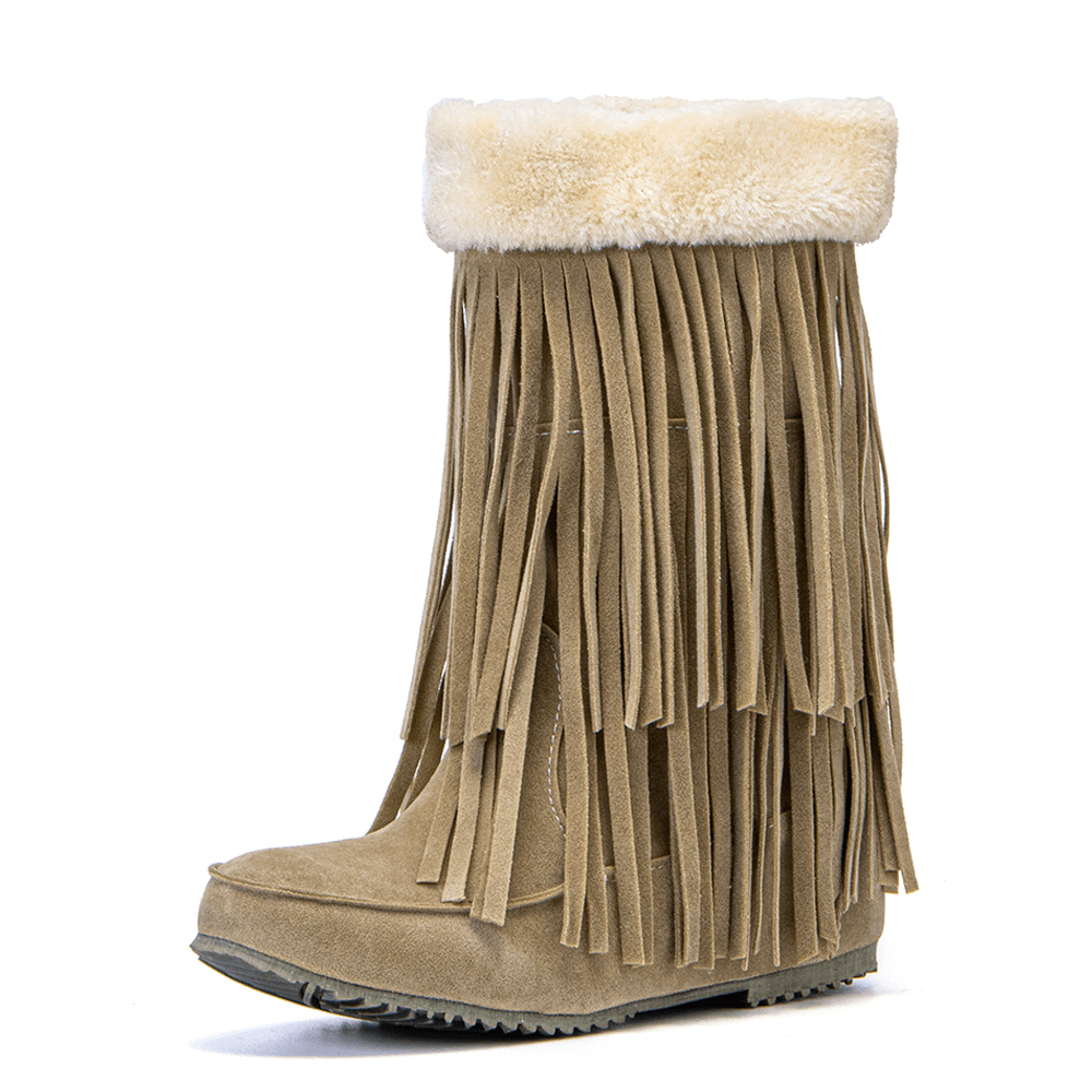 Women Tassel Boots Warm Fluff Flanging Mid-Calf Snow Boots - MRSLM