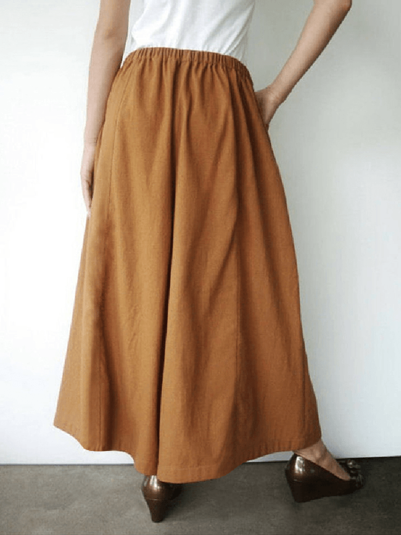 Women Cotton Solid Color Side Pockets Front Fork Wide Leg Pants