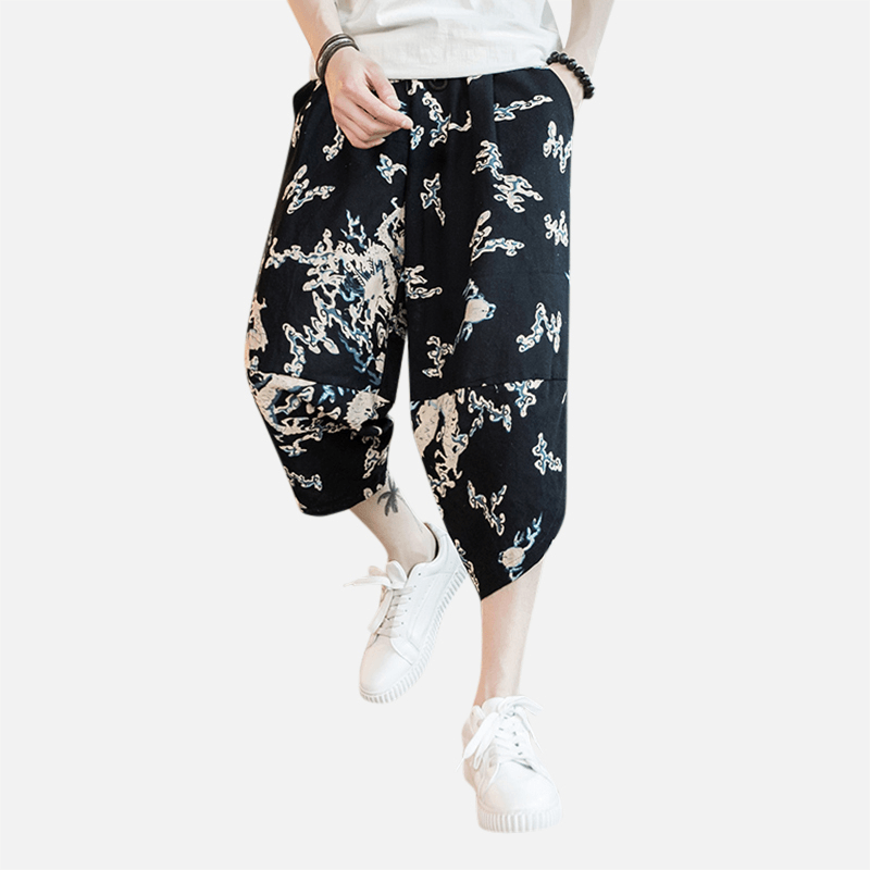 Mens Summer Chinese Style Linen Printing Calf Pants