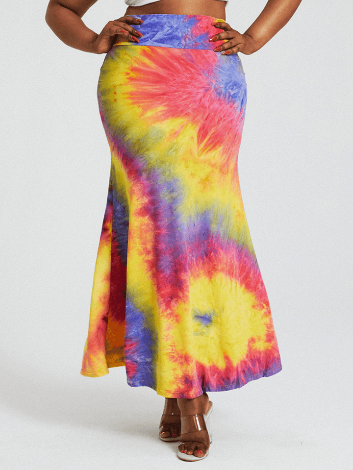 Tie Dye Print High Waist Buttocks Bodycon Long Skirt - MRSLM