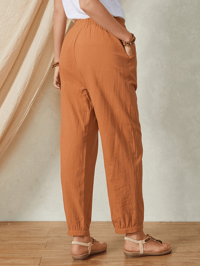 Plain Solid Color Elastic Waist Casual Cotton Women Pants