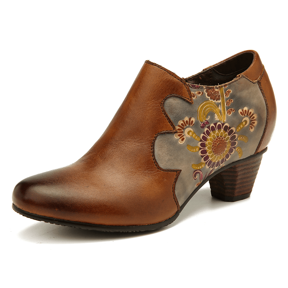 Women Hand Painted Flowers Stitching Leather Zipper Pumps - MRSLM