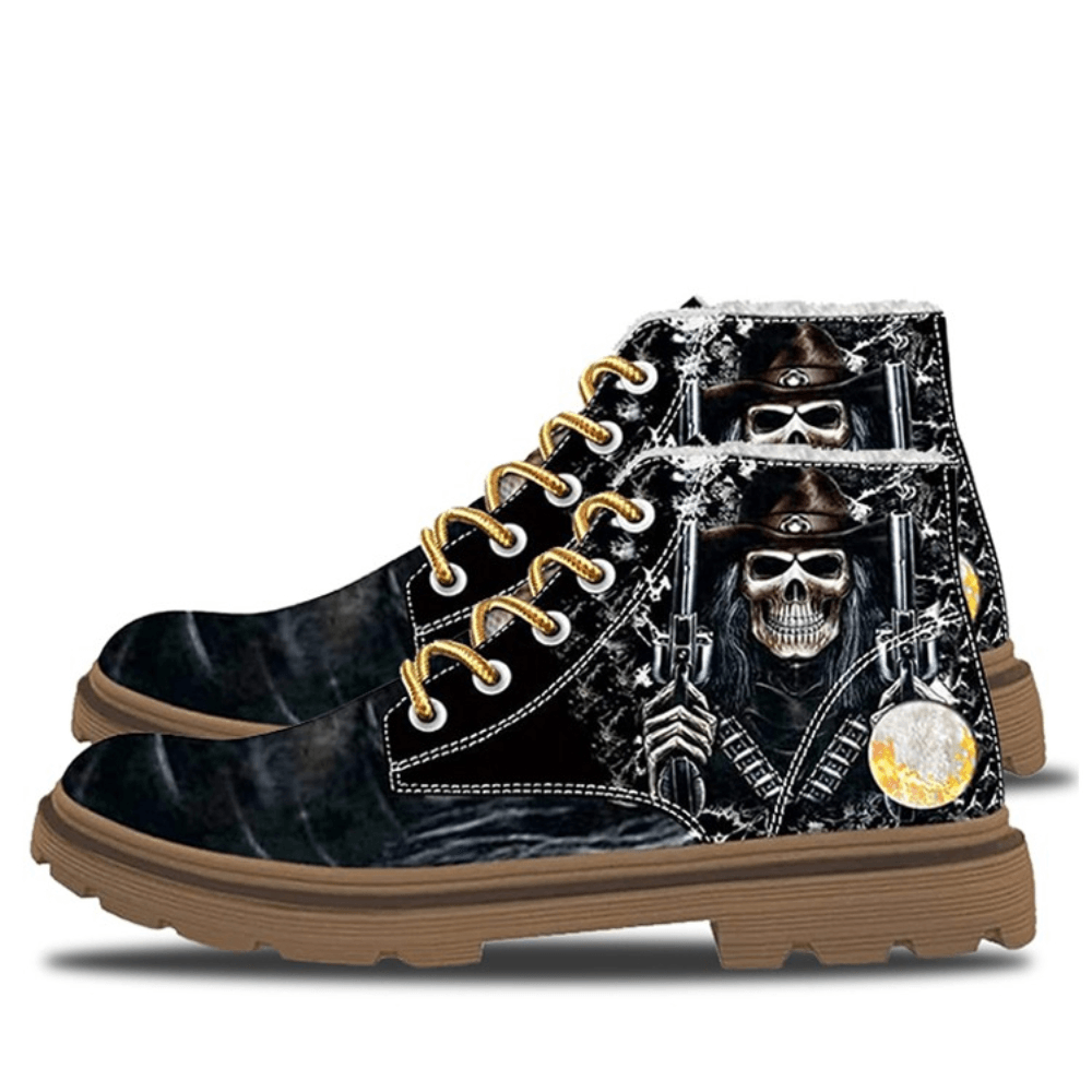 Men Leather Halloween Funny Skull Printing Non Slip Comfy Casual Martin Ankle Boots