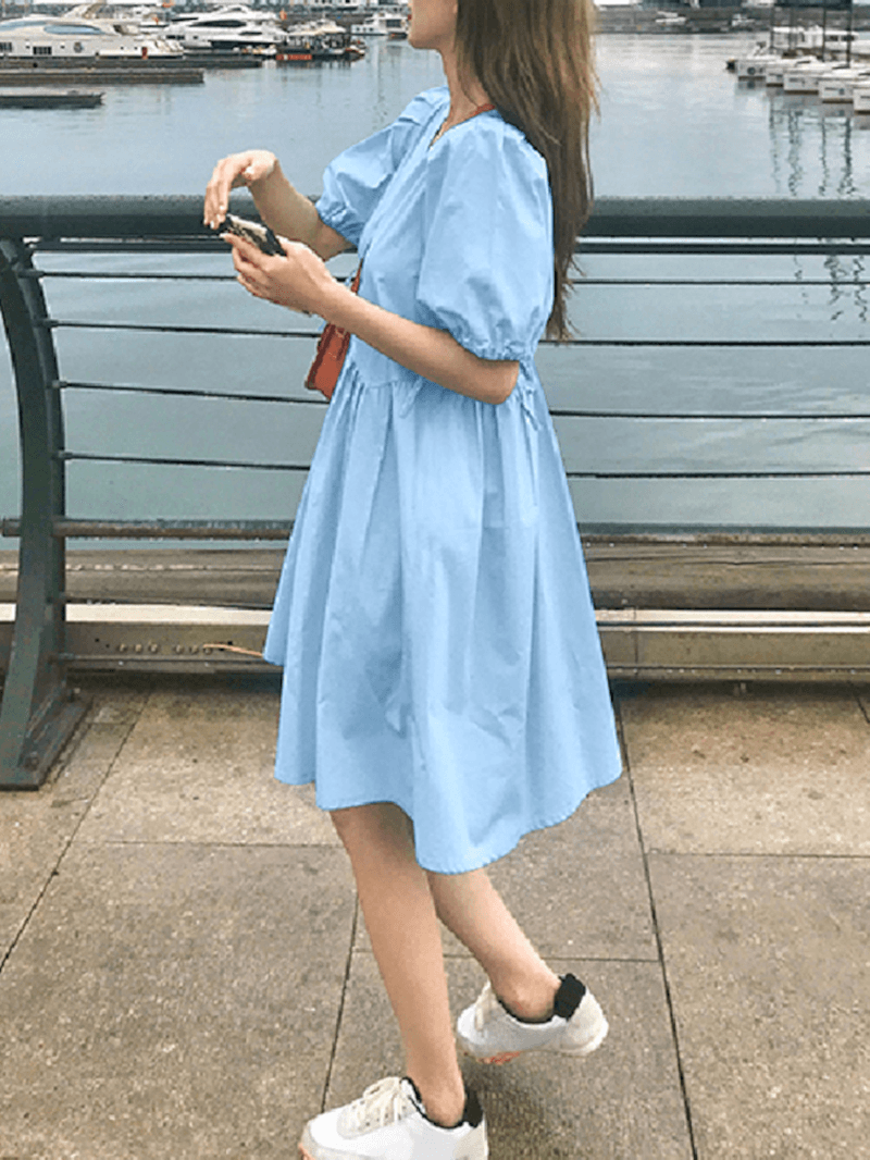 Women Solid Color Puff Sleeve V-Neck Pleats Plain Daily Casual Midi Dress