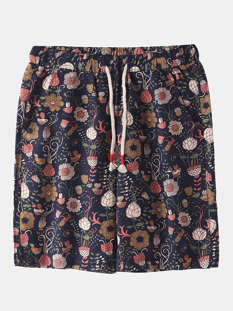 Cotton Mens Floral Print Pocket Drawstring Casual Shorts