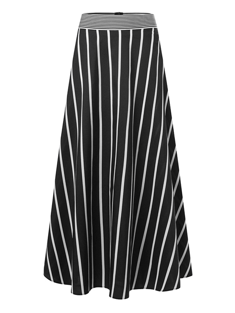 Stripe Print Elastic Waist Back Zipper Leisure Maxi Skirts - MRSLM