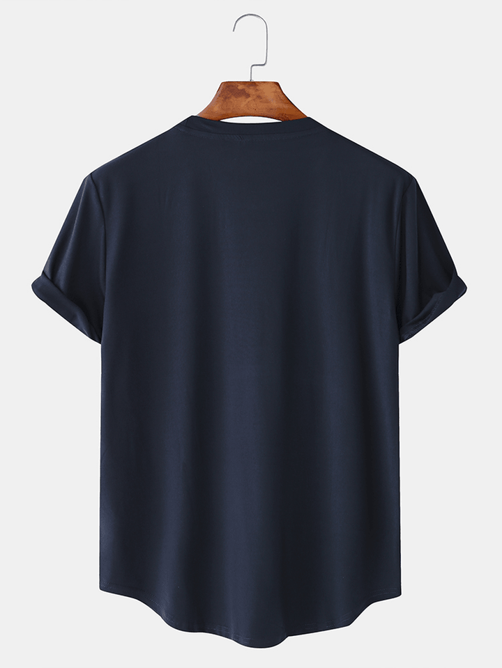 Mens O-Neck Casual Chest Pocket Curved Hem Short Sleeve Solid T-Shirt