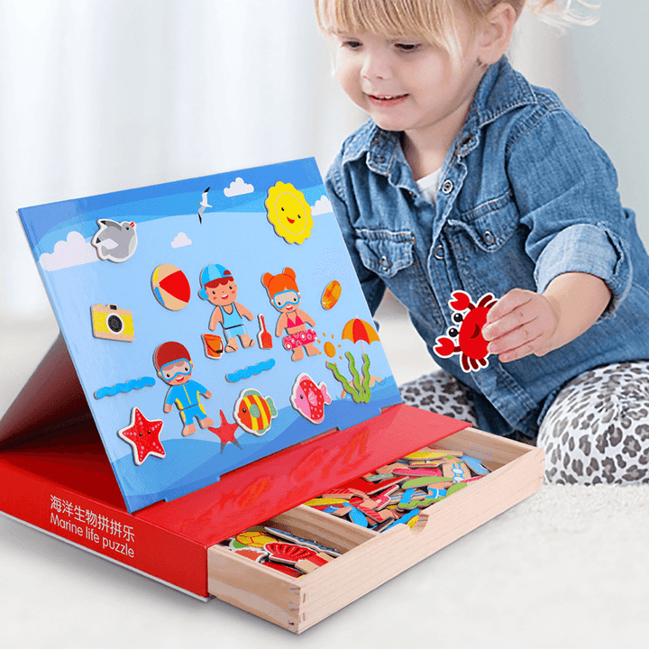 Multifunctional Puzzle Drawing Board Magnetic Sticker Toy Children Wooden