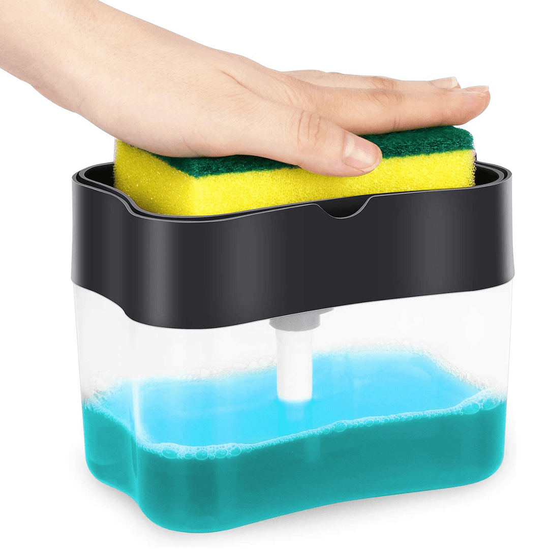 2-In-1 Liquid Dispenser Container Hand Press Soap Pump Dispenser with Sponge Holder Soap Organizer for Kitchen Cleaner Tools