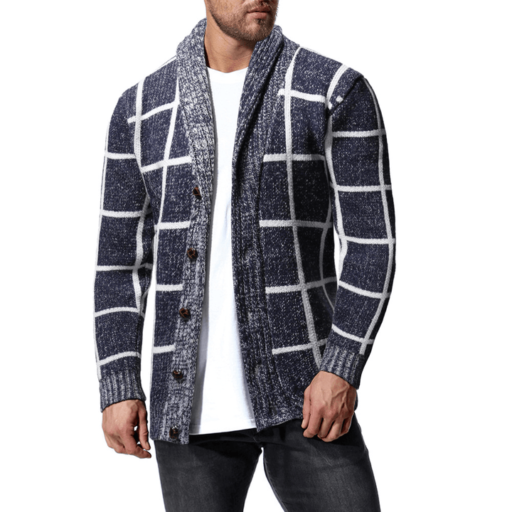 Men'S Winter Color Matching Plaid Cardigan Sweater