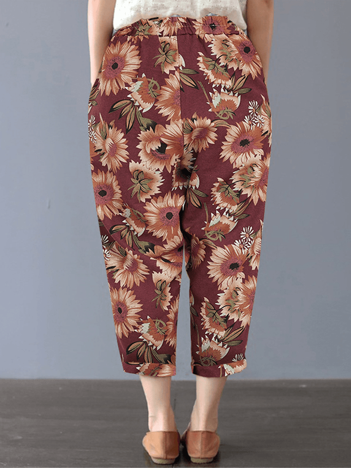 Women Sunflower Daisy Floral Print Cotton Casual Pants with Side Pockets