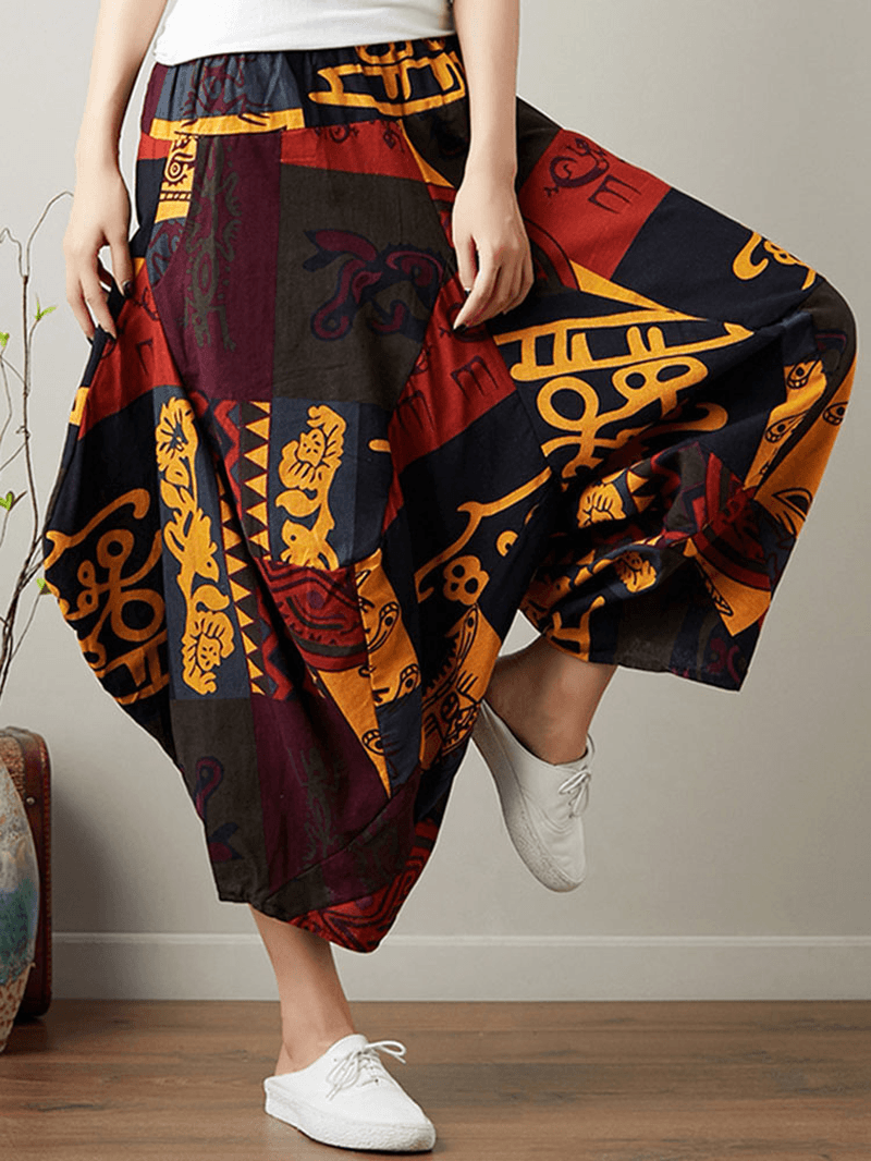 Ethnic Print Pocket Asymmetrical Elastic Waist Loose Casual Cropped Pants