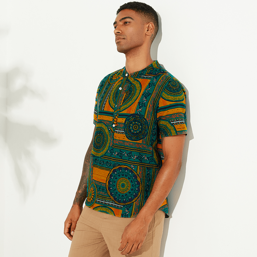 Mens Ethnic Style Printed Breathable Summer Henley Shirts