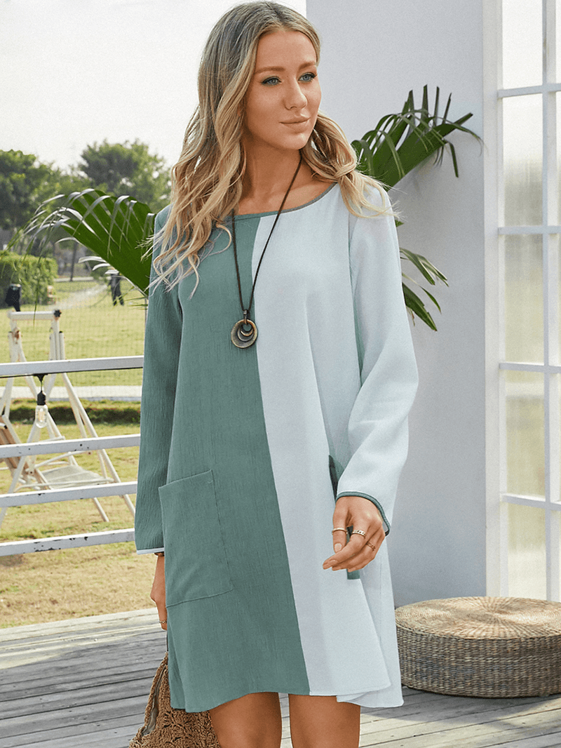 Women Contrast Color O-Neck Long Sleeve Casual Dress with Pocket