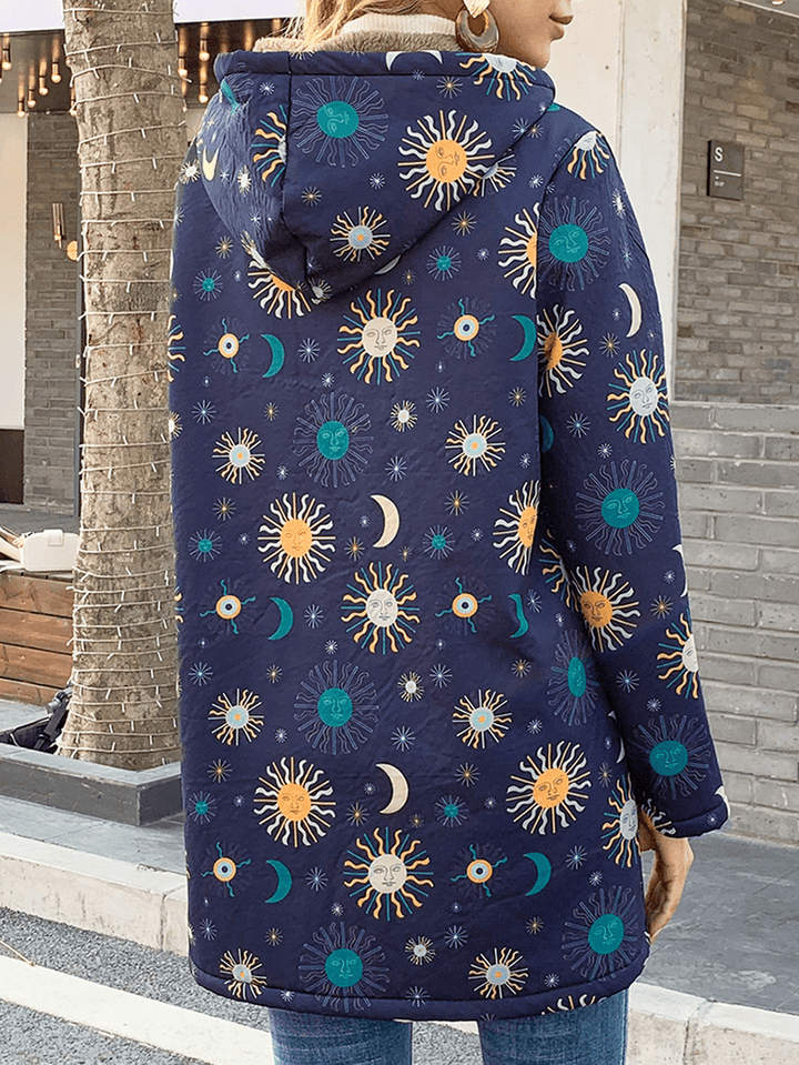 Casual Solor System Print Pockets Long Sleeve plus Fleece Coats