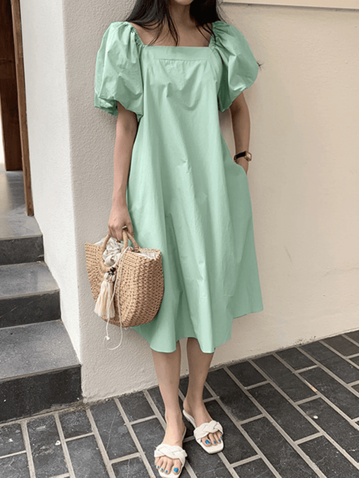 Puff Sleeve Square Collar Plain Solid Color Casual Midi Dress with Pocket