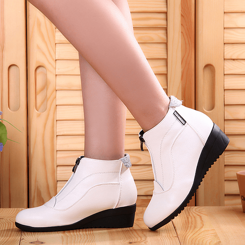 Front Zipper Wedges Fur Lining Casual Leather Boots