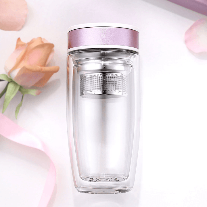 380ML Double Wall Glass Tea Tumbler Water Bottle with Filter Infuser Travel Mug