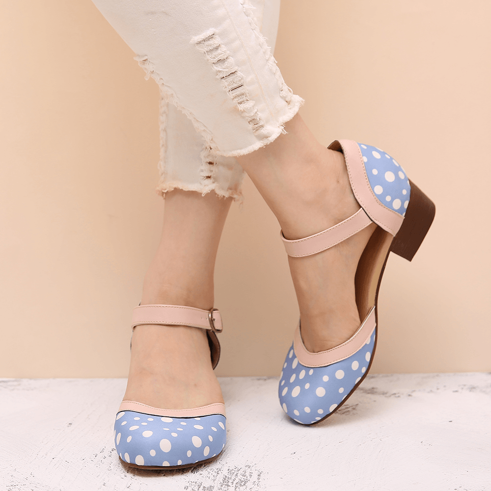 Women Polka Dot round Toe Ankle Strap Block Heel Casual Comfy Heels Pumps